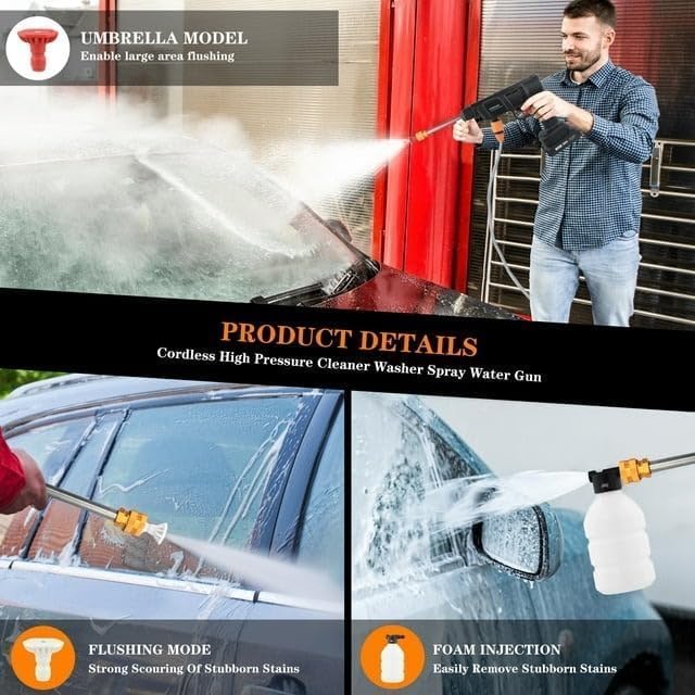 Image of Cordless 48V Electric Car Pressure Washer with 12000mAh Battery | Portable Power Washer Gun with Accessories for Car, Bike & Home Cleaning