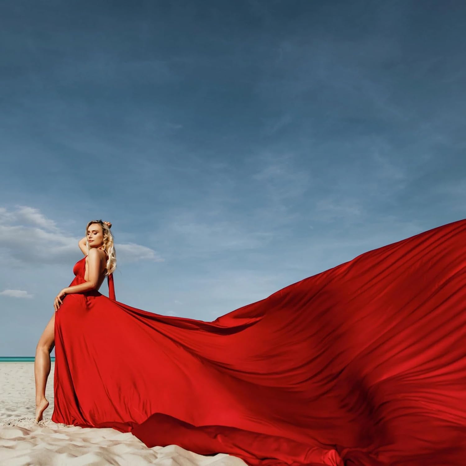 Red Long Tail Flying Dress for Women's Wedding, Maternity Photoshoot Santorini Long Flying Dress for Photoshoot | Long Tail Satin Maxi