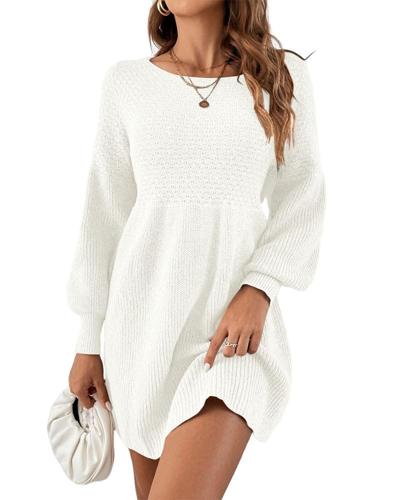 Saodimallsu Damen Rundhals Strickkleid Puffärmel Hoch Tailliert Pulloverkleid Elegant Strickpullover Kleid A-Linie Minikleid