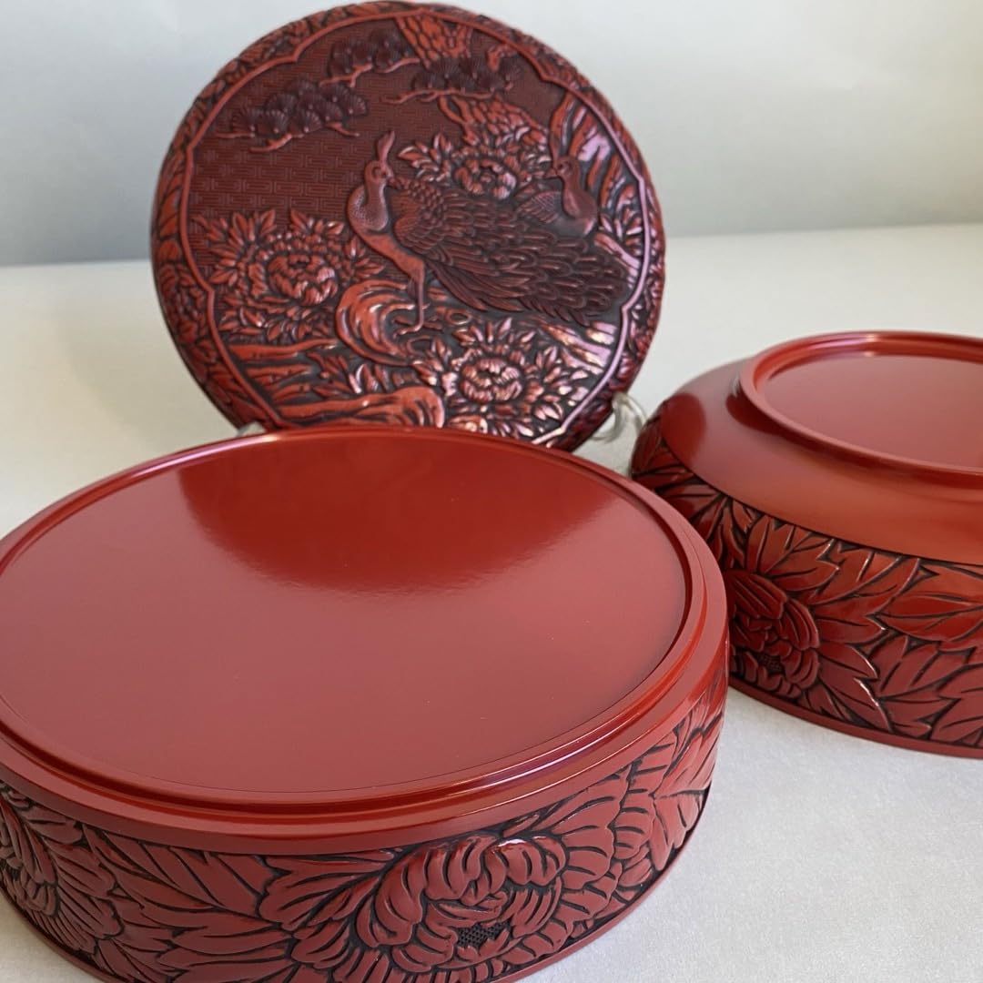 【美品】未使用　堆朱　蓋物　菓子器　お重　重箱　2段重　丸型 牡丹彫　彫漆 美品】未使用 堆朱 蓋物 菓子器 お重 重箱 2段重 丸型 牡丹彫 彫