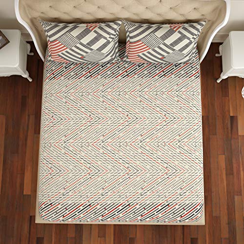 Image of Spaces Atrium 144 TC 100% Cotton King Size Fitted Double Bedsheet with 2 Pillow Covers (Geometric, 72 inch X 78 inch Inches ) - Beige (ATR-09-AW19)