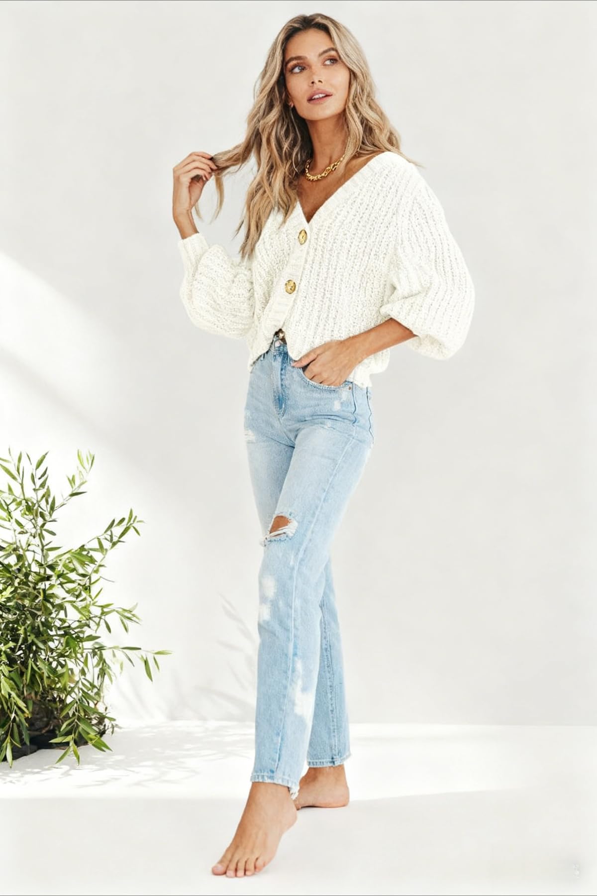 Knit Button Cardigan Womens Loose Short Length Chunky Cozy Layer for Autumn and Winter Office and Casual Looks — view 7