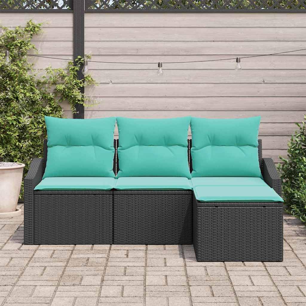 Ensemble de Canapés de Jardin 4 Pièces en Résine Tressée avec Coussins, Salon de Jardin Modulable Noir pour Terrasse et Balcon, Comprenant Siège Central, Canapés d'angle et Pouf