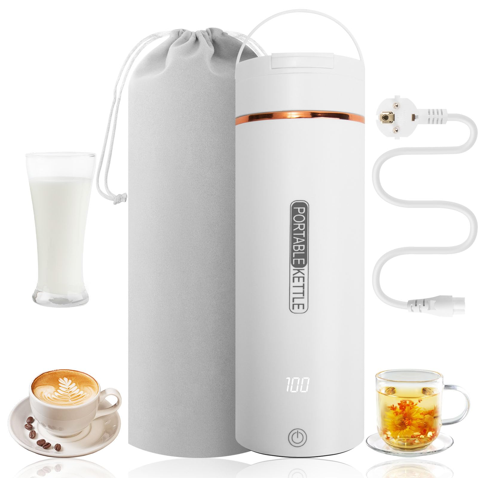 Mini Reisewasserkocher 500ml - Tragbar, 4 Temperaturen, LED Display, Edelstahl Innen