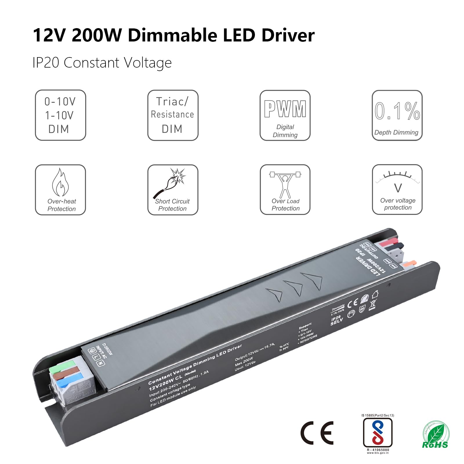 BENLUN Transformateur LED Tension Constante 12V 16,7A 200W Gradation 5 en 1