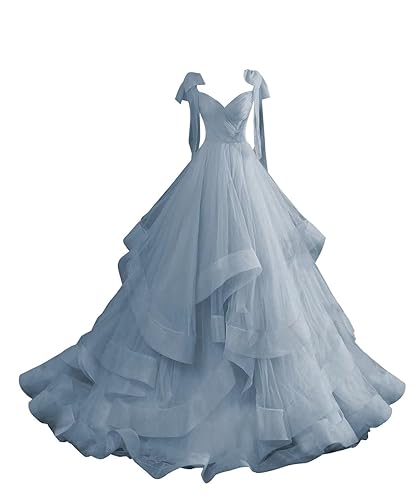 Wirunsy Layered Ruffles Tulle Formal Prom Dress Spaghetti Straps Evening Ball Gown V Neck Bow Princess Quinceanera Dresses