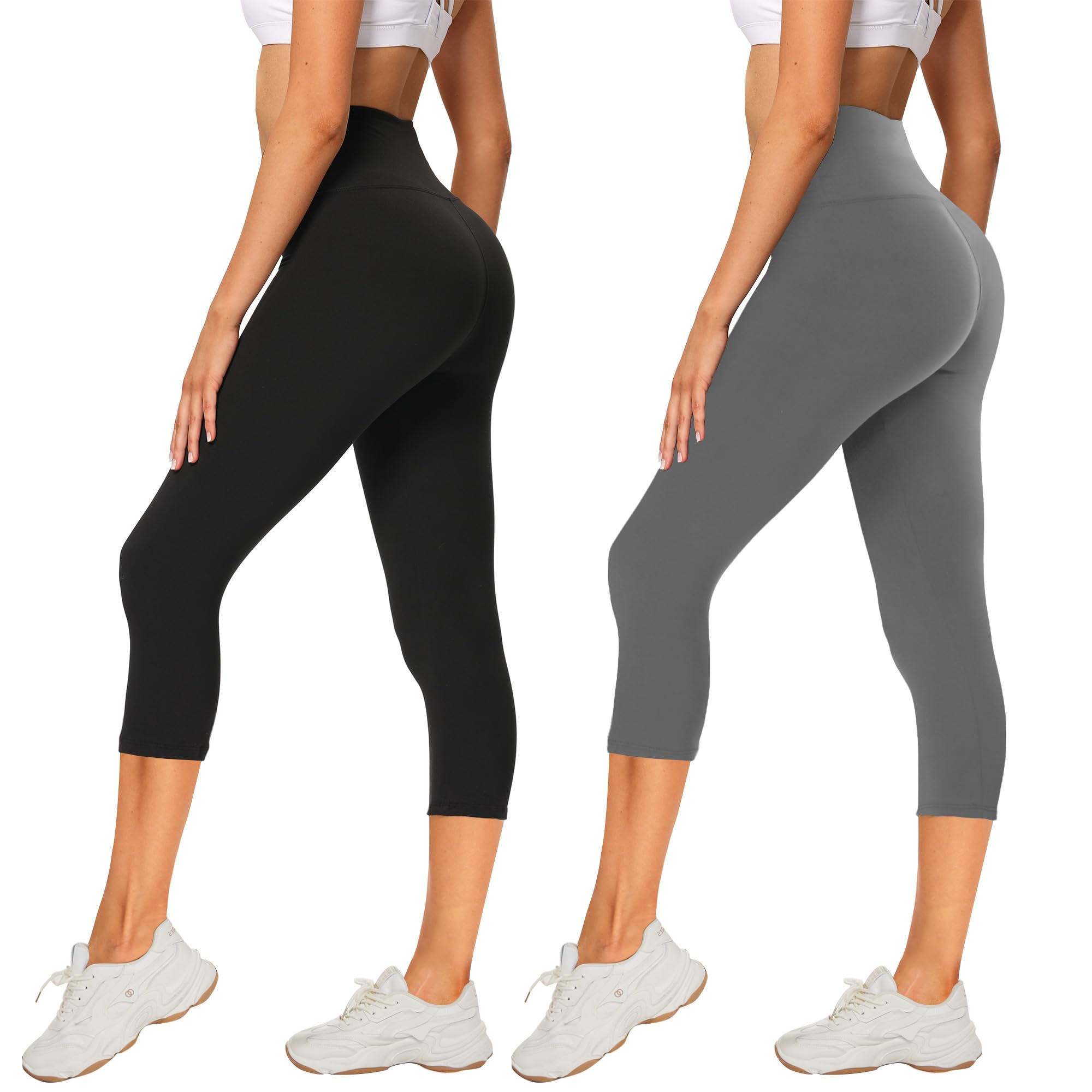 AMIYOYO 2er Pack Leggings Damen 3/4 High Waist Capri Leggins Blickdicht Kurze Sporthose Elastische Bauchweg Hosen für Yoga Fitness Outdoor Freizeit