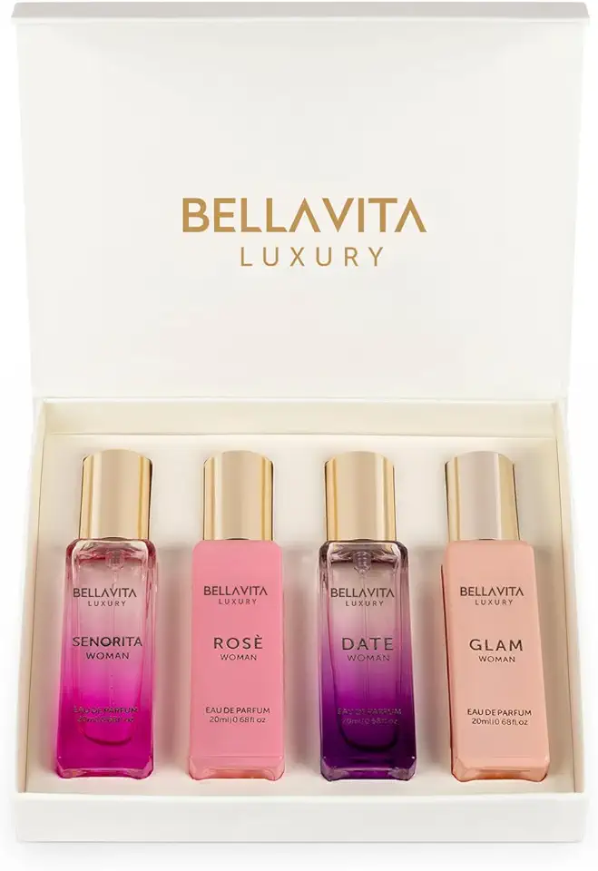 BellaVita Luxury Women's Perfume Gift Set (4x20ml) | Notes of Floral, Sweet, Spicey Red Fruit, Vanilla &amp; Musk | DATE, SENORITA, GLAM &amp; ROSE | French Parfum Collection Gift Set