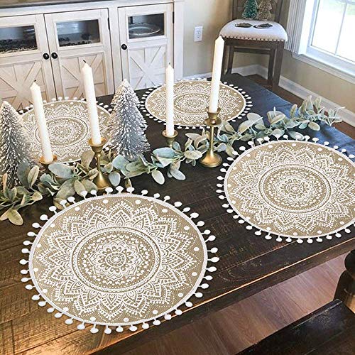 Collive Boho Round Placemat 15 Inch - Farmhouse Woven Jute Fringe Table Mats Set Of 4 With Pompom Tassel Place Mat For Dining Room Kitchen Table Decor, White Mandala Flower #TOP4