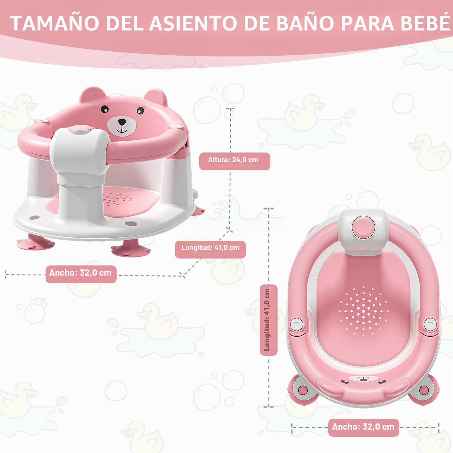 Asiento de Bañera para Bebé a Partir de 6 Meses, Asiento de Baño Antideslizante con 4 Ventosas y Cojín para Recién Nacidos, Silla Bañera Bebe Portátil Segura para la Ducha o la Bañera, Rosa