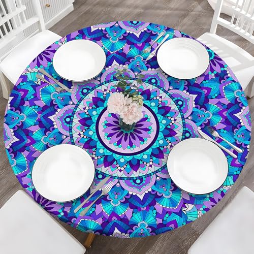 BOOWEATS Boho 42 Inch Round Fitted Cloth Tablecloth with Elastic Edged, Waterproof Oil Proof Wipeable Table Cover for Indoor Outdoor Patio Table, Fits Round Tables Up to 40" - 44" Diameter - image 1