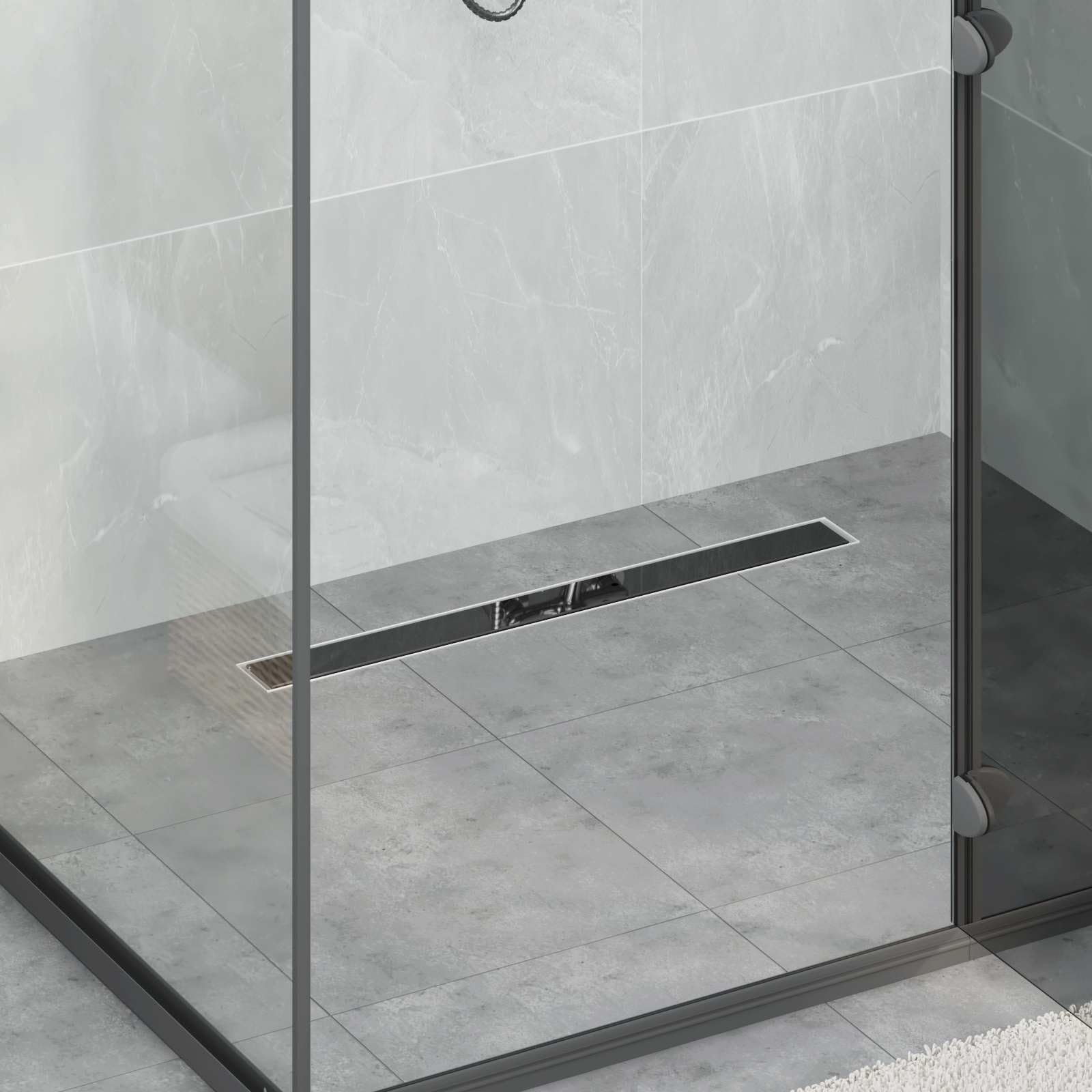 Duschabfluss Schwarz aus Edelstahl 304 mit Glashülle, 360° Siphon und Geruchsverschluss, 70 x 11 cm, höhenverstellbar 0-30 mm, fliesenfähig für Dusche und Bad
