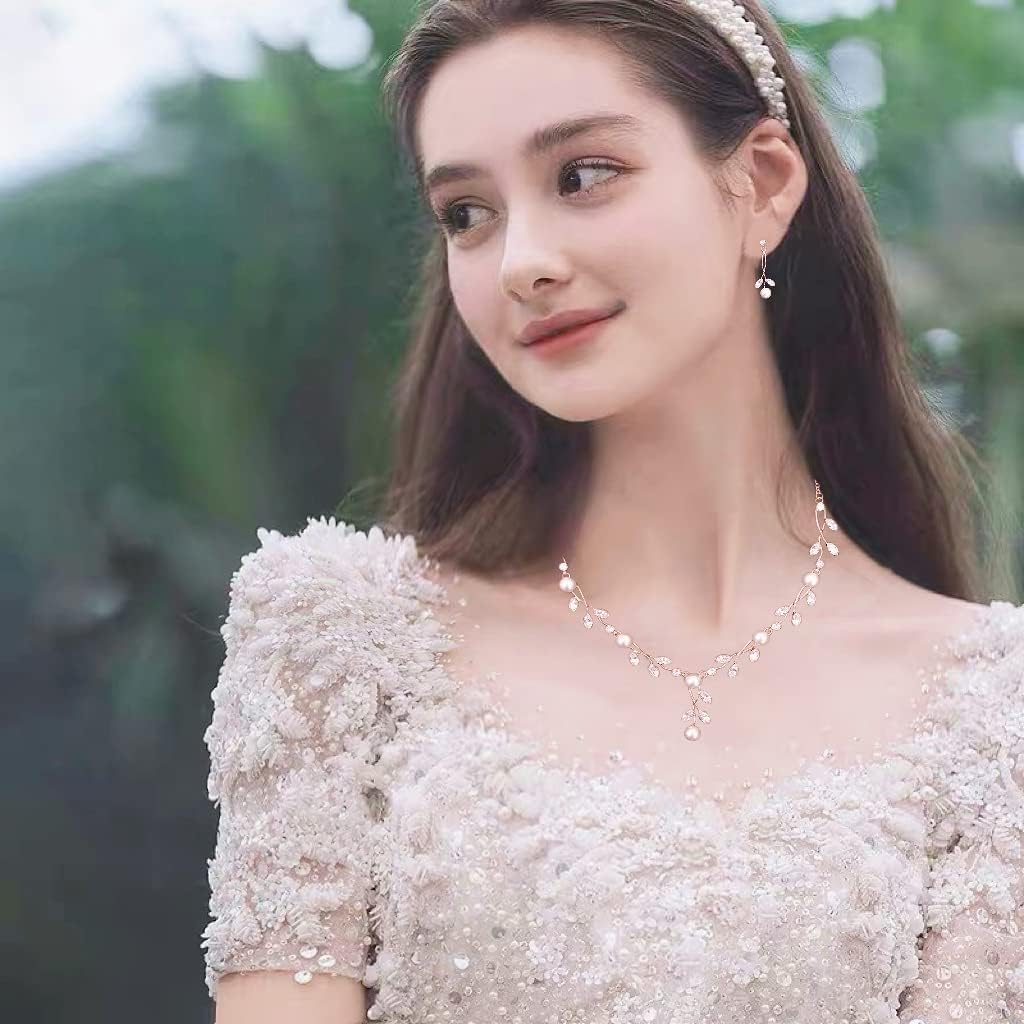 Luxury Cubic Zirconia Aurtrian Crystal Pearl Floral Necklace Dangle Earrings Wedding Bridal Jewelry Set Birthday Gifts for Her - Image 2