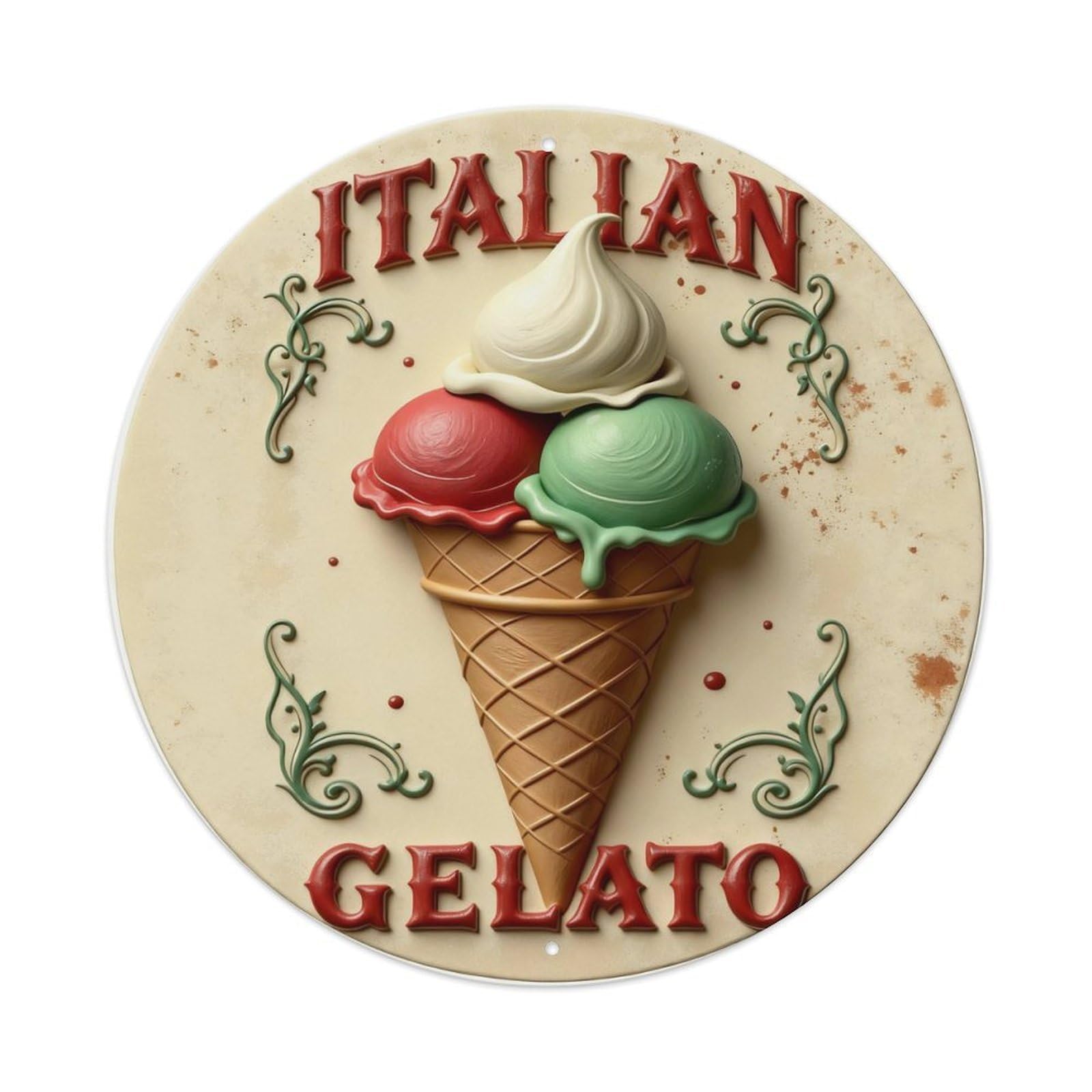 Italian Gelato Cone With Three Scoops Of Colorful Ice Cream Round Metal Tin Sign Vintage Wall Decor, Bar Garage Cafe Kitchen Home Wall Art Poster 8x8inches