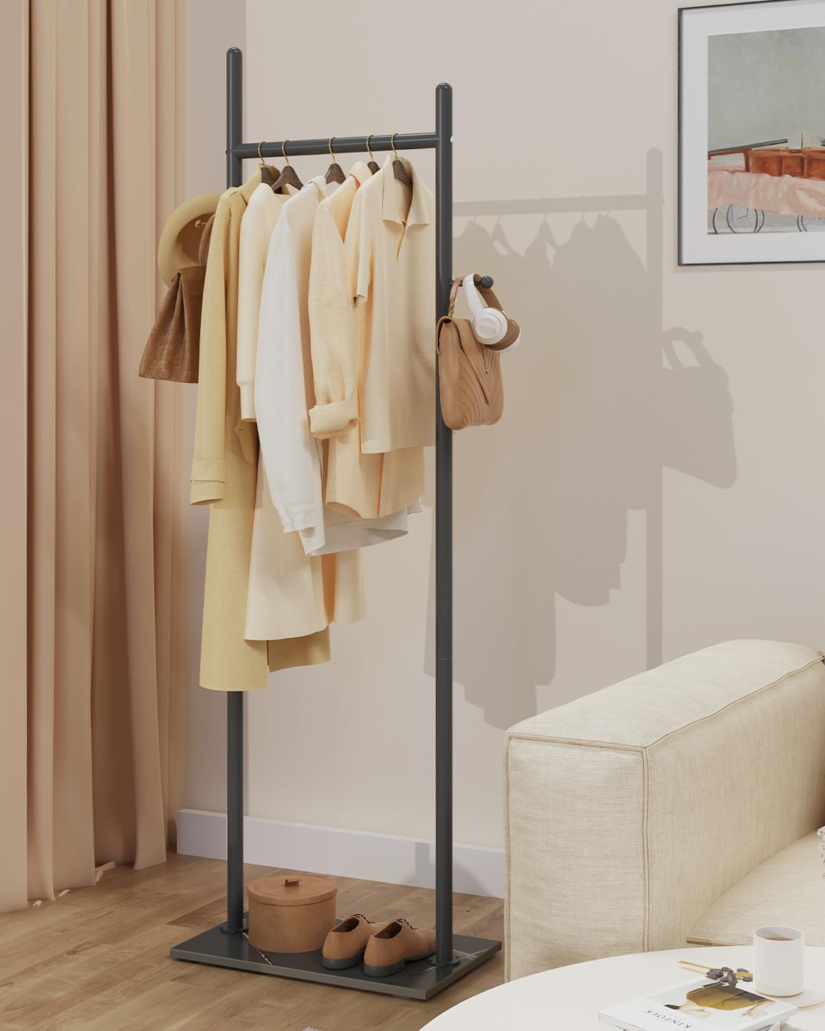 Métal Porte Manteau Sur Pieds, avec 2 Crochets, 50x30x175 cm, Noir | Portant à Vêtements Haute Qualité, Vestiaire d'Entrée avec Dalles de Roche Lourdes, Portemanteau sur Pieds pour Chambre