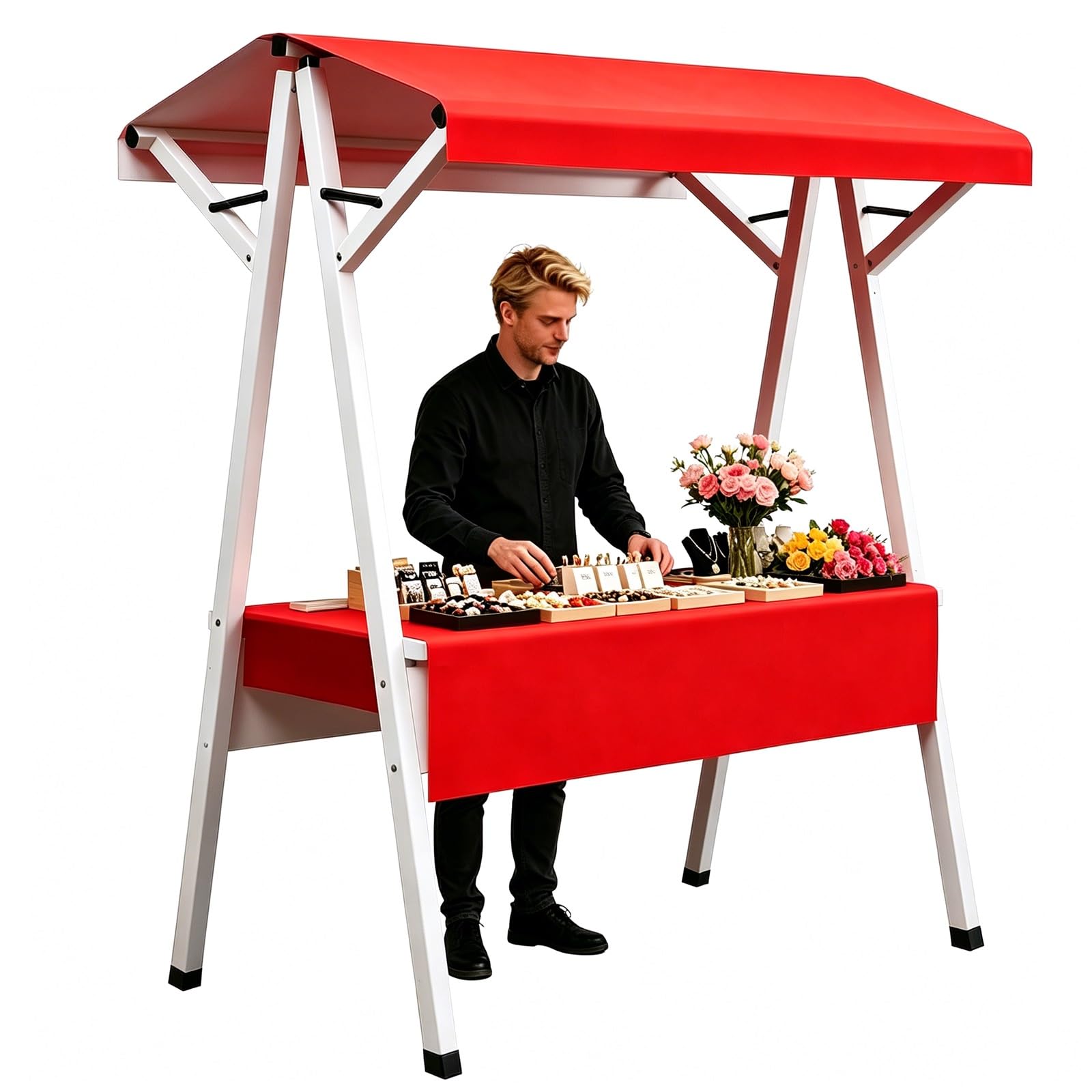 WANGCEPLSD Foldable Farmers Market Stand, Carbon Steel Structure Bearing 440lbs, Vendor Cart, with Waterproof Canopy and Tablecloth, for Craft Shows, Bazaars, Retail(Red,160cm/63in)