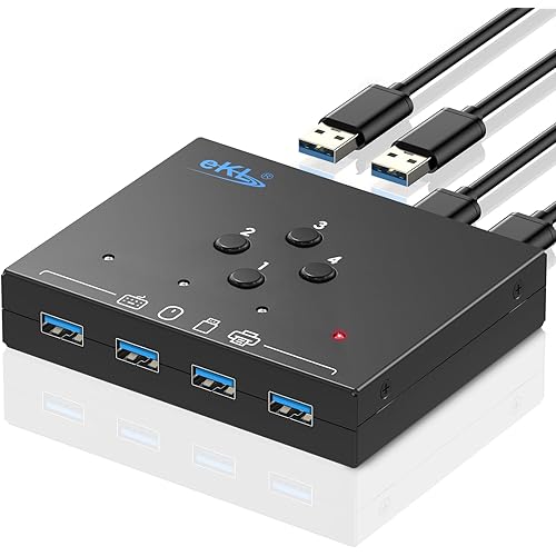 eKL USB 3.0 Switch 4 Computers Share 4 USB 3.0 Ports USB Switcher for PC Laptop Mouse Keyboard Scanner Printer One Button Switch with 3.5mm Headphone Jack and 4 Pack USB 3.0 Cables