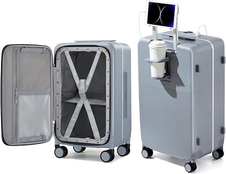 Hanke 24 Inch Checked Luggage with Cup Holder and USB Ports,Top Opening Hard Shell Suitcase with Wheels,Aluminum Frame Trunk Luggage with Foldable Dividers & TSA Lock for Travel, Gray