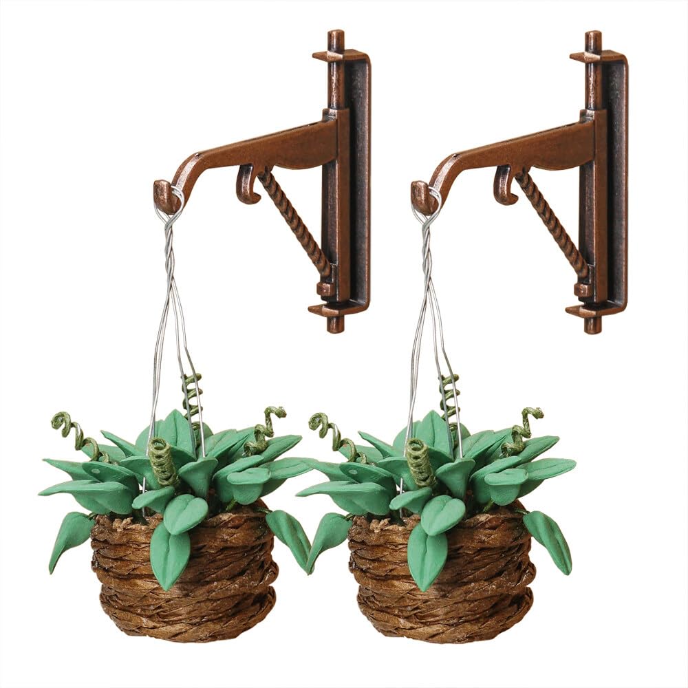 Odoria 1/12 Scale Dolls House Miniature Plants in Hanging Basket and Bracket 2Pcs Mini Wall Plant Hook Miniatures Dollhouse Decoration Accessories, Dark Green