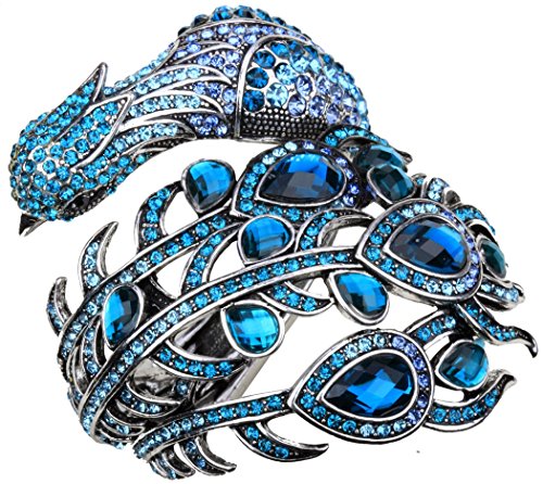Yacq Women's Big Peacock Hinged Bangle Bracelet Fit Wrist Size 6-1/2 To 7-1/2 Inch - Paved Crystal Jewelry - Lead & Nickle Free - Halloween Costome Outfit (Blue) #TOP26