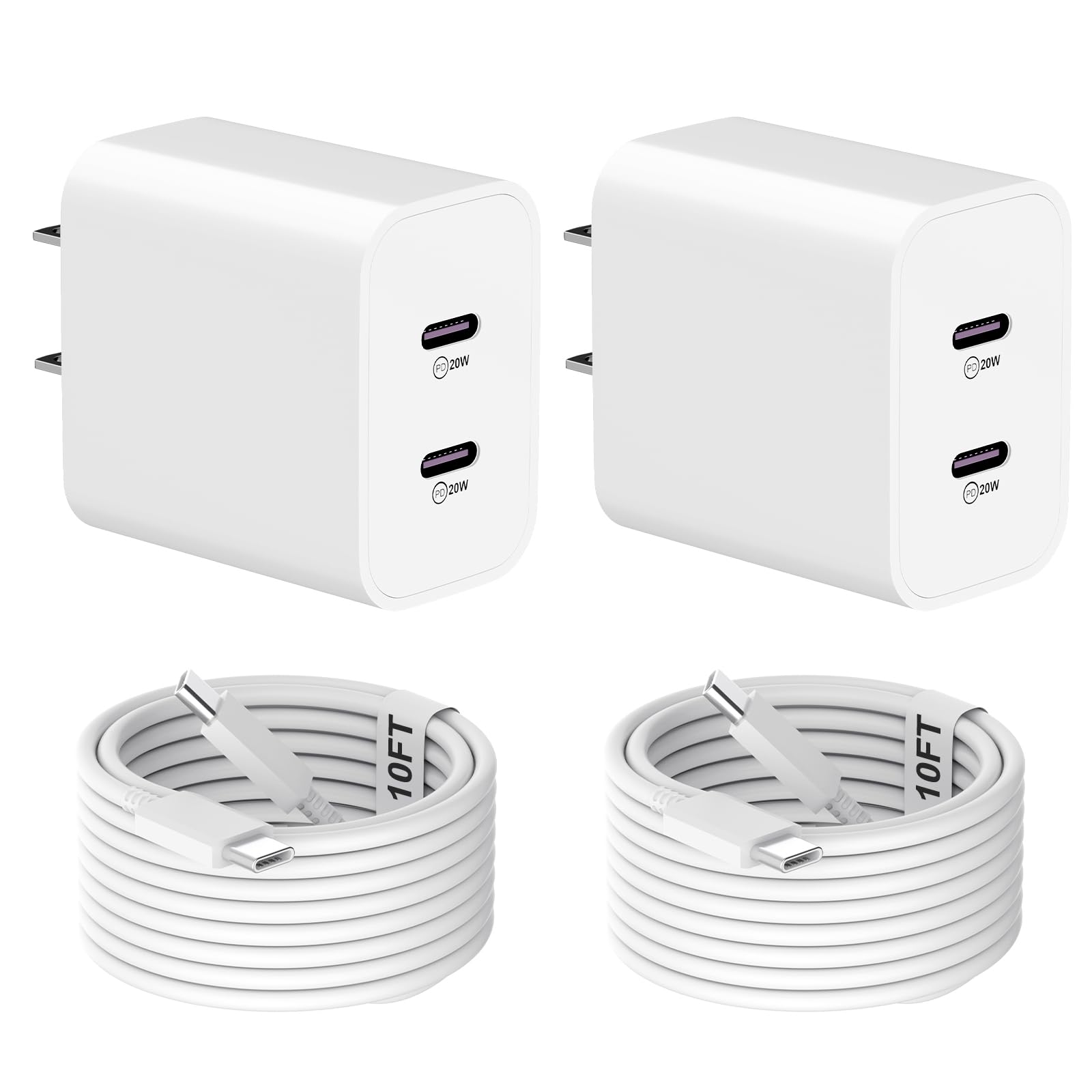 iPhone 16 Pro Max Charger Fast Charging,2 Pack 20W Dual Port USB C Charger Block with 2 Pack 10FT Long USB C to C Charging Cord Compatible for iPhone 16 Pro Max/16 Pro/16 Plus,Samsung Galaxy
