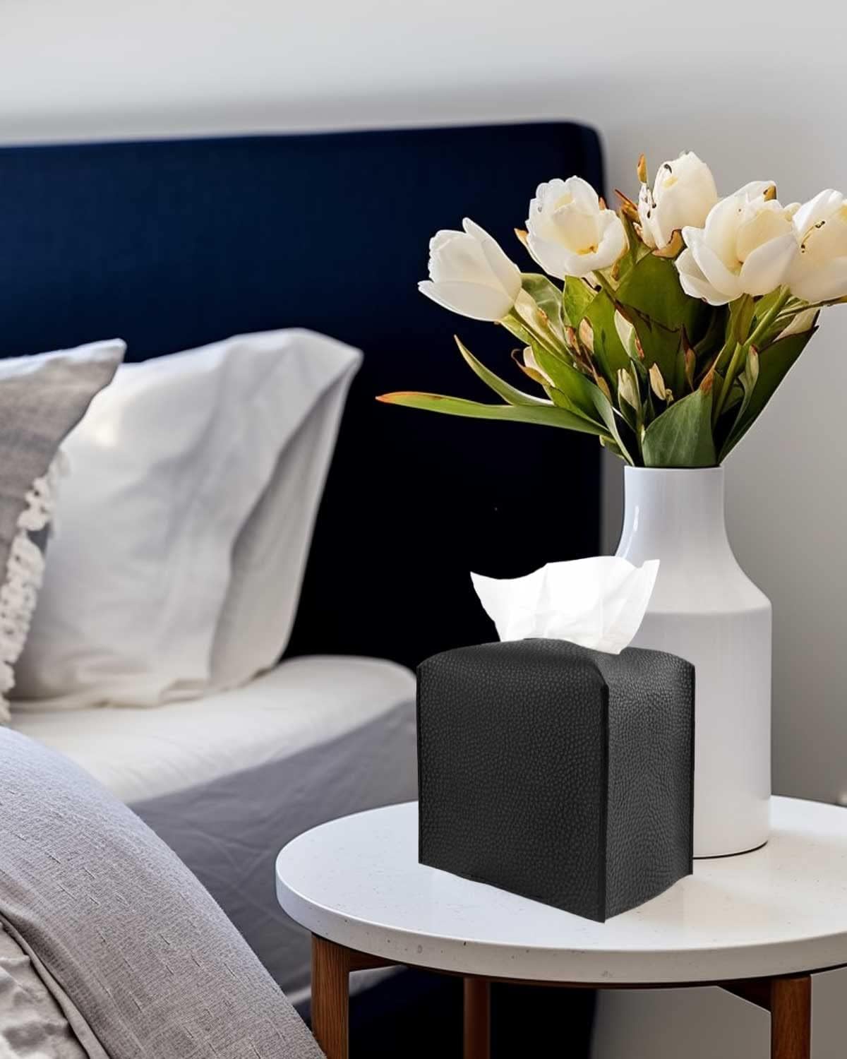 Leather Tissue Box Cover Square – Tissue Holder with Bottom Belt [JESMINI, Black] Aesthetic PU Leather Tissue Box Holder Decorative for Bathroom, Home Office Decor