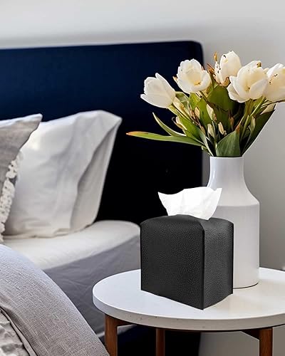 Miniatura 5 de Caja de pañuelos de cuero cuadrada  Soporte para pañuelos con cinturón inferior JESMINI, negro Soporte estético de piel sintética para caja de