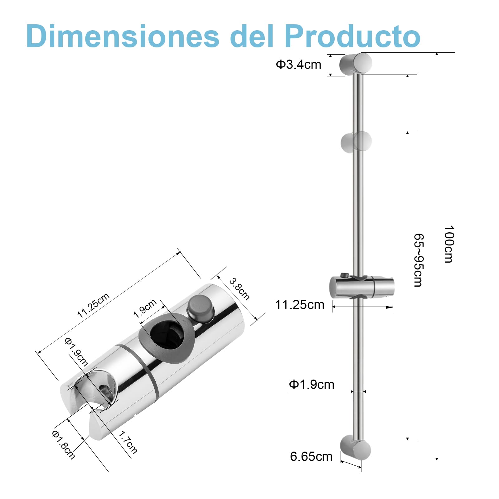 OFFO Barra de Ducha 100cm,Distancia Regulable de 64 a 93cm,con Soporte Alcachofa Ducha,Recambio Barra Ducha,Aspecto de Acero Inoxidable