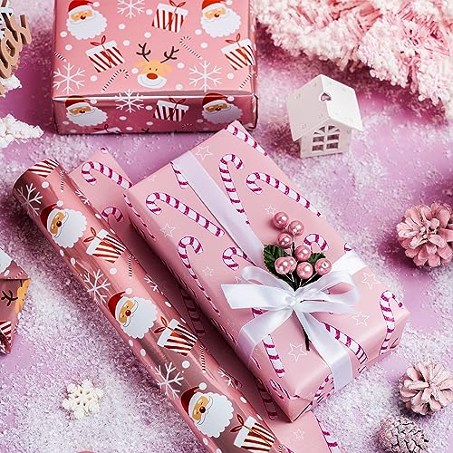 LeZakaa 30in x 32.8Ft Christmas Pink Wrapping Paper Jumbo Roll, Santa Claus & Candy Cane, Metallic Foil, Rose Gold Foil Reversible Design for Festive Winter Holiday, Family Gathering - Thumbnail 5