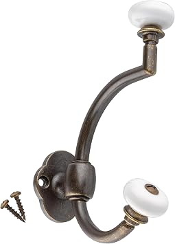 UNIQANTIQ HARDWARE SUPPLY Antique Brass Hat and Coat Hook with Porcelain Knobs - Double Hook for Wall, Rack and Hall Tree Mounting - CH1-DAB 1