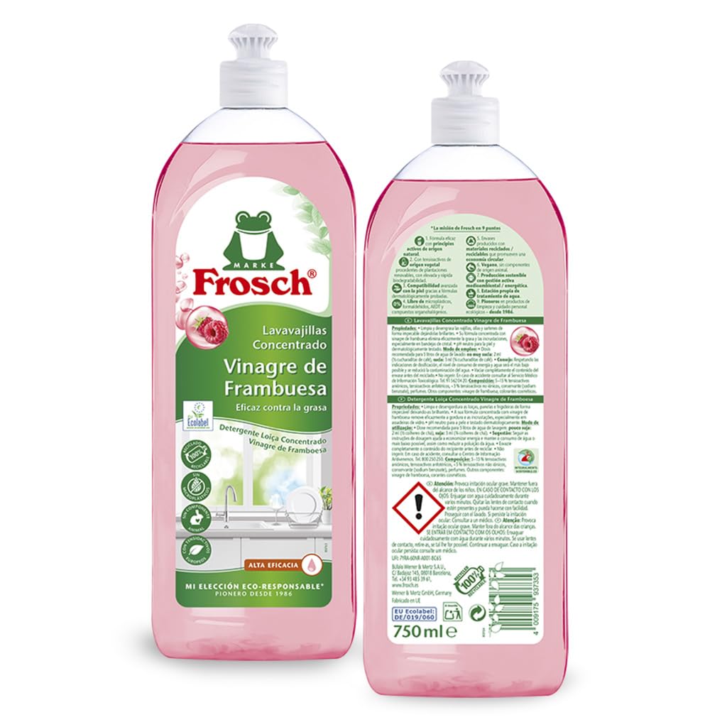 Frosch - Lavastoviglie a Mano Liquido Concentrato Ecologico Aceto di Lampone, Extra sgrassante ed efficacia - Confezione da 10 pezzi x 750 ml