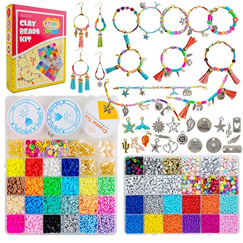 Ftbox 6000 Pcs Flat Clay Heishi Beads, 12000 Pcs Glass Seed Beads For Bracelet Making Kits With Pendant Charms, Letter Beads, And Elastic Strings For Jewelry Making Kit Bracelets Necklace #TOP4