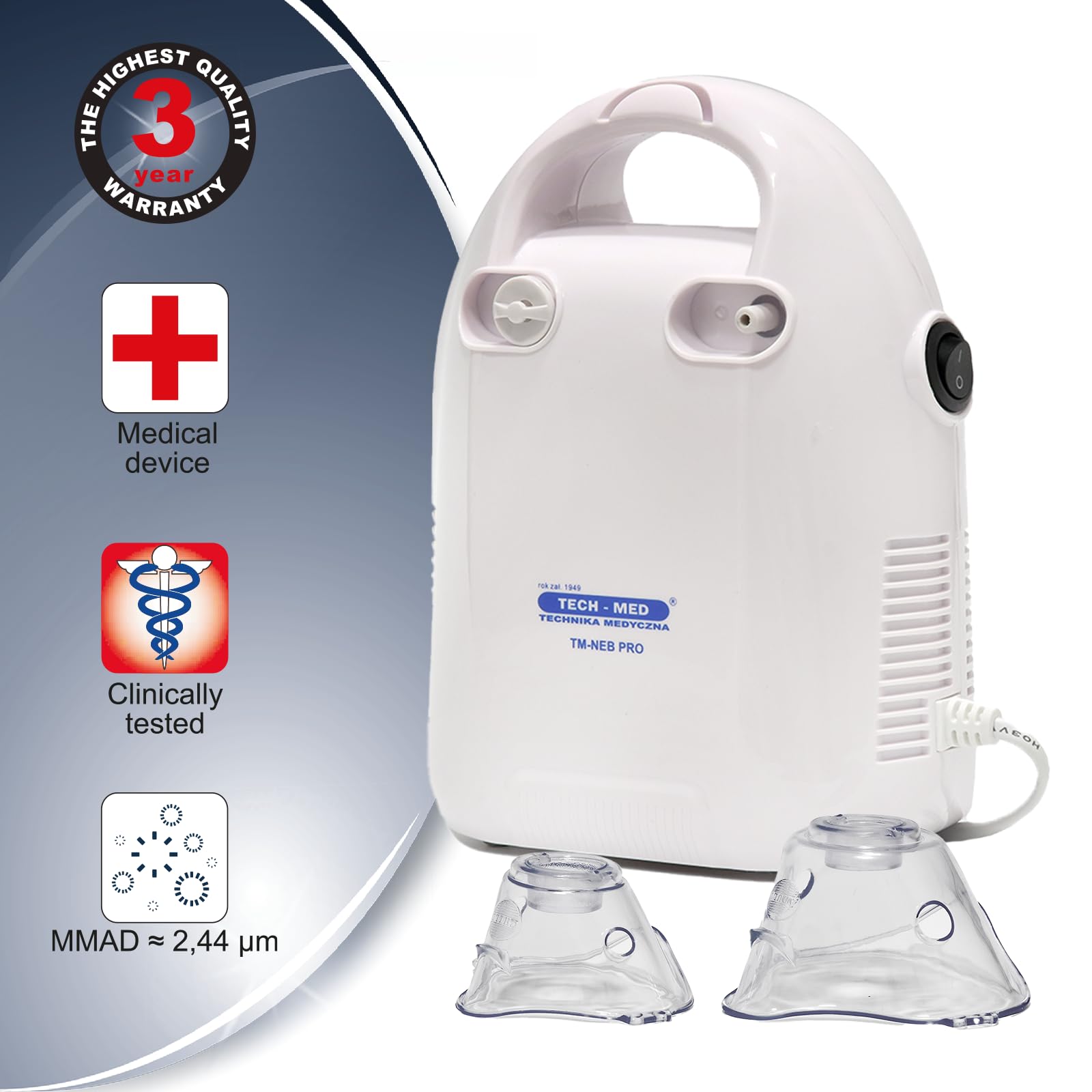 TECH-MED Medizinische Technik Kompressor Inhalator TM-NEB PRO Vernebler Medizinische Atemwegstherapie mit Masken-Set für Erwachsene und Kinder