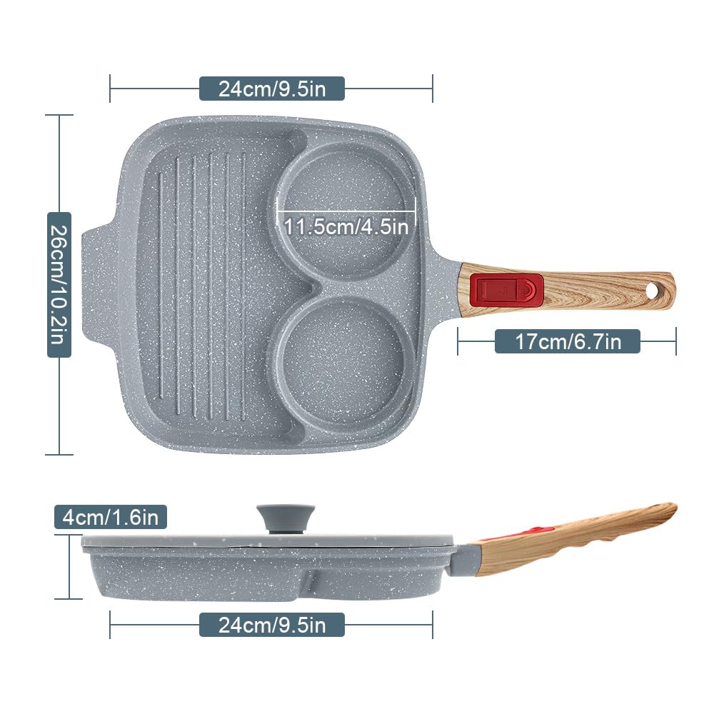 RANX INGST Sartén Tortilla de 3 Agujeros con Tapa, Revestimiento Cerámico Antiadherente, 26 cm Sartén de Desayuno 3 en 1 con Mango Extraíble para Huevos Fritos,Mini Crepes - Azul