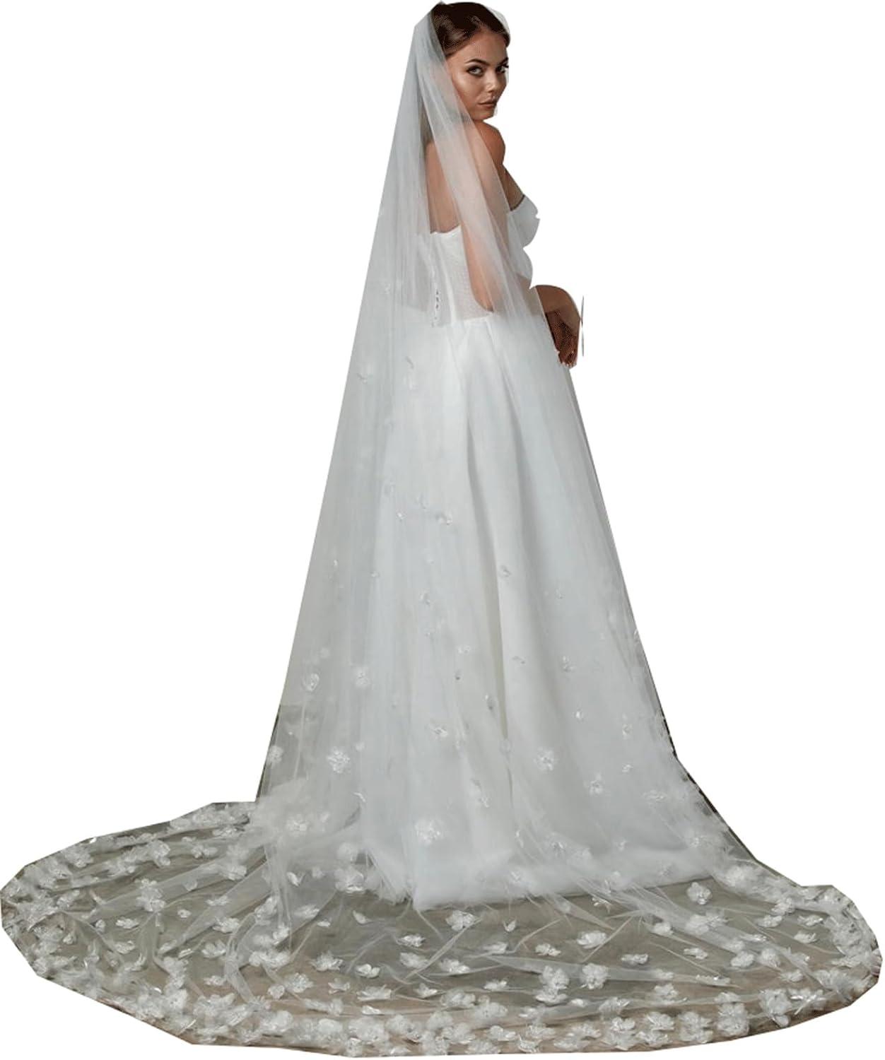 BATHGOWN White Bridal Veil with 3D Flowers Long Cathedral Veil 1 Tier Soft Tulle Wedding Veil Metal Comb