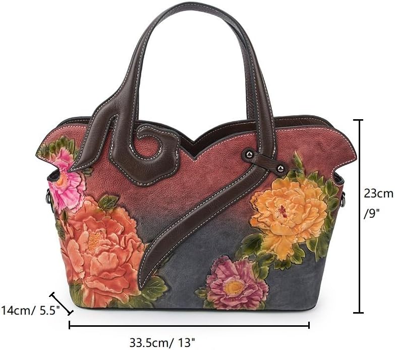 Floral Genuine Leather Women Purse Handbag Vintage Cowhide Tote Bag Ladies Shopping Shoulder Bag Crossbody Bag