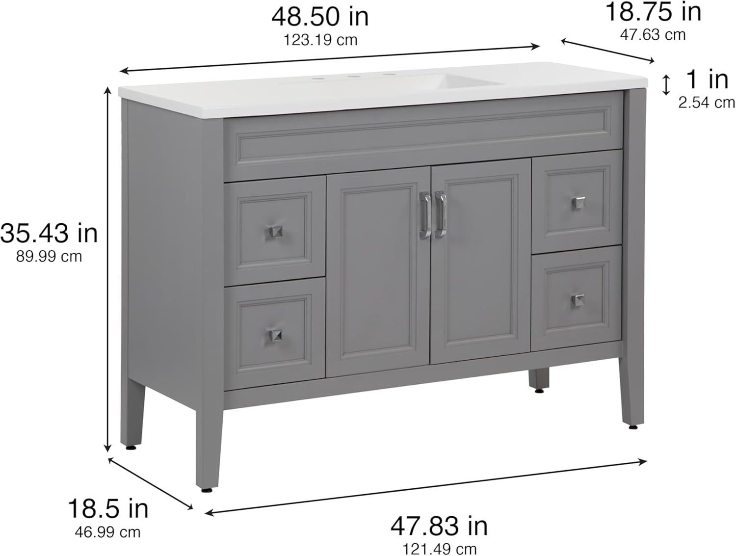 Spring Mill Cabinets Vadin 48 Inch Bathroom Vanity with White Single Sink Top, 4 Soft -Close Drawers, 2-Door Cabinet, 48.5" W x 18.75" D x 35.43" H, Sterling Gray
