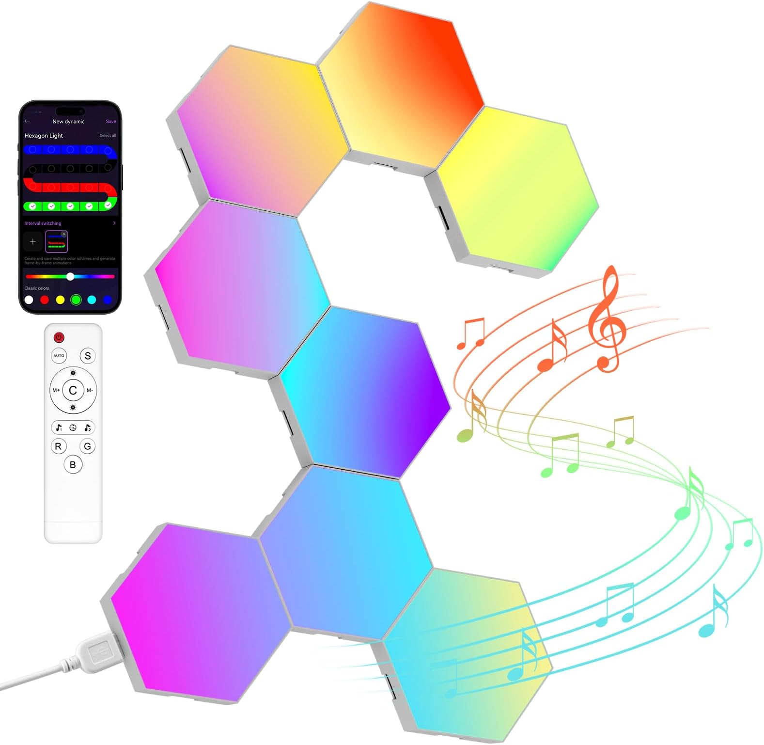 Hexagon LED Lights – 8 Pack Hex Wall Light RGB Gaming Panels, Hexagonal Smart Light Sync to Music for Room Decor, Bar, Gaming Setup, Bedroom Wall