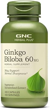 GNC Herbal Plus Ginkgo Biloba 60mg Supplement, Vegetarian, Supports Mental Sharpness, 100 Servings