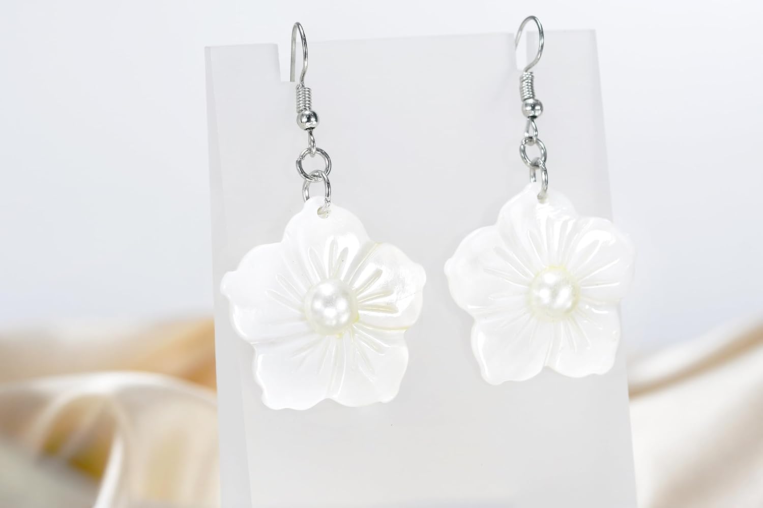 AeraVida 48mm White Mother of Pearl and Faux Pearl Flower Dangle Earrings | Handmade Floral Drop Earrings for Women | Lightweight Elegant Statement Jewelry Gift for Her - Image 3