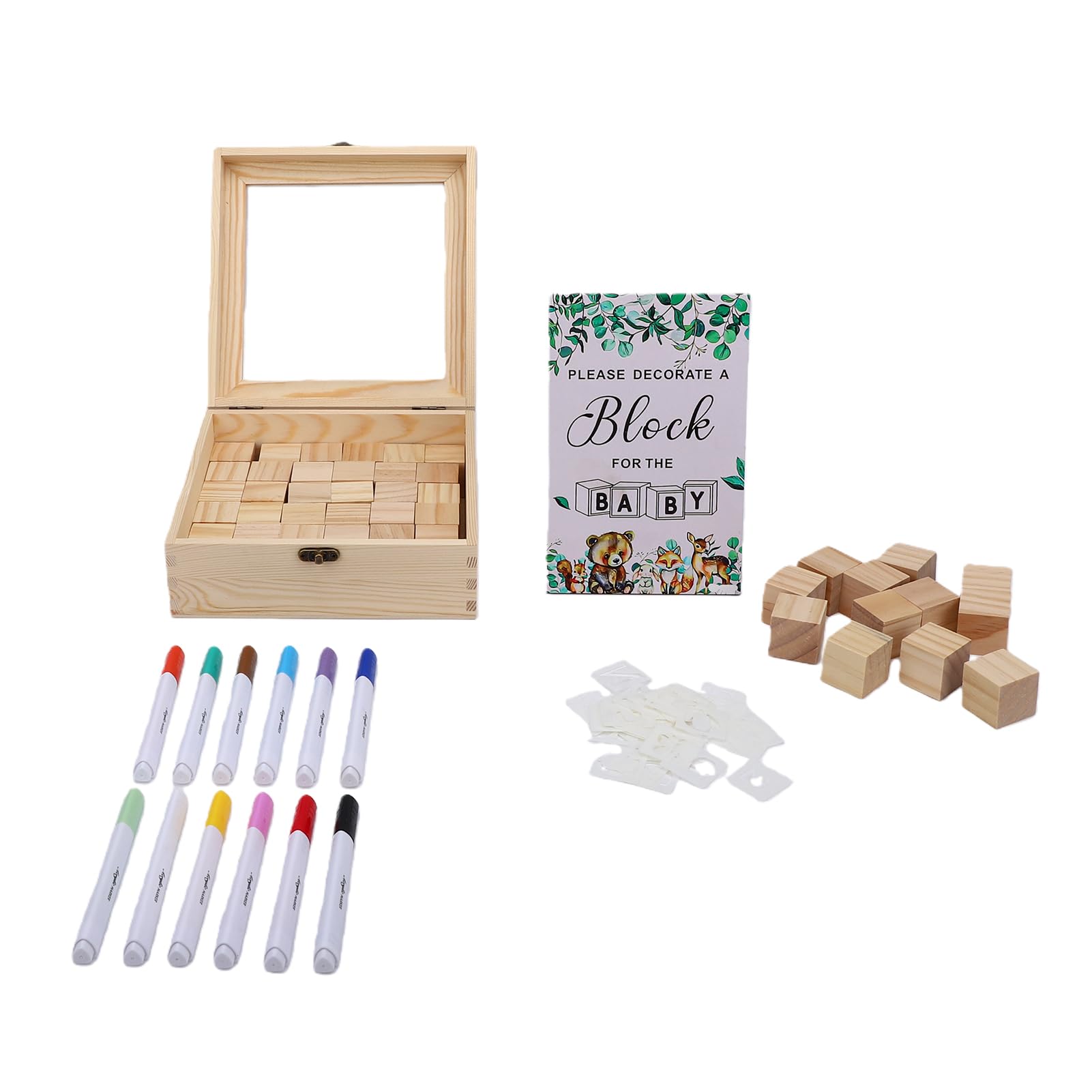 Kit Pittura Blocchi di Legno per Giochi Baby Shower con 48 Blocchi 12 Pennarelli e 42 Sagome per Feste