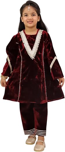 AJ DEZINES Girls Suit Set Velvet Full Sleeve Kurta Sharara Set for Kids - Ethnic Wear |Traditional Wedding & Party Outfit...