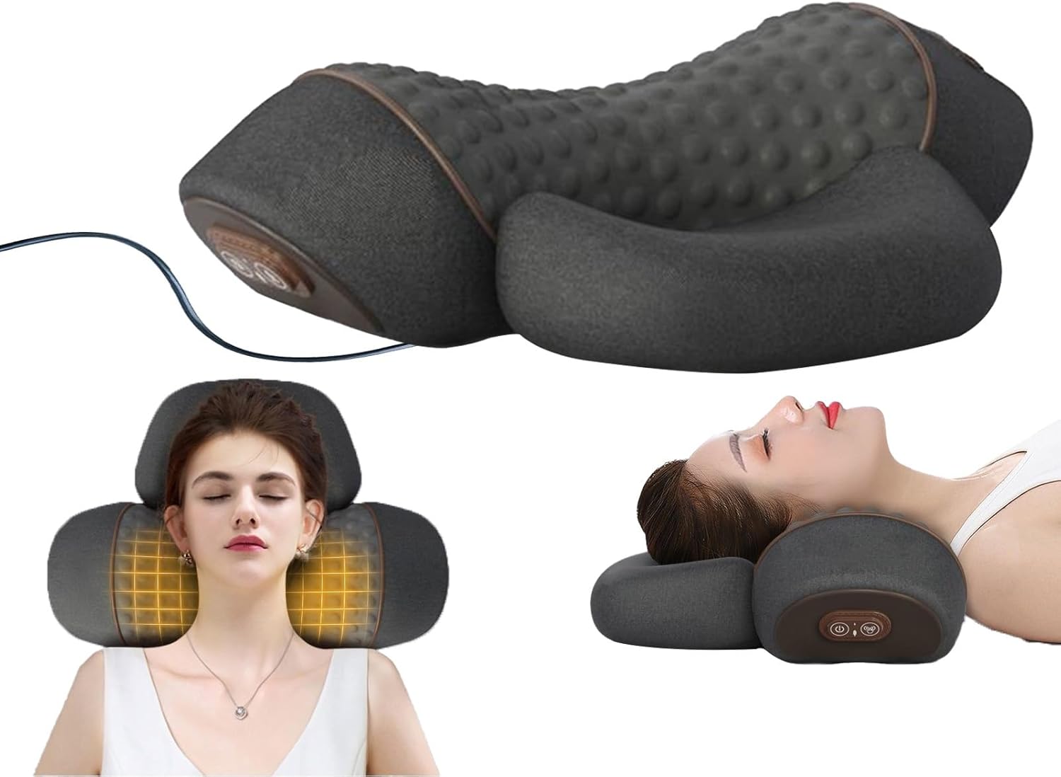 3 in 1 Heated Neck Massage Pillows with Heat for Pain Relief Deep Tissue, Cervical Neck Hump Corrector, Neck Pillow Supports with Washable Cover(Plug-in)