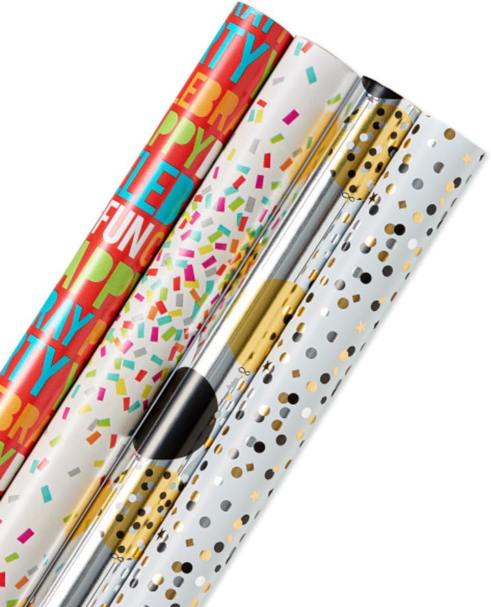 American Greetings Reversible Birthday Wrapping Paper, Balloons and Confetti (4 Rolls, 120 sq. ft.)
