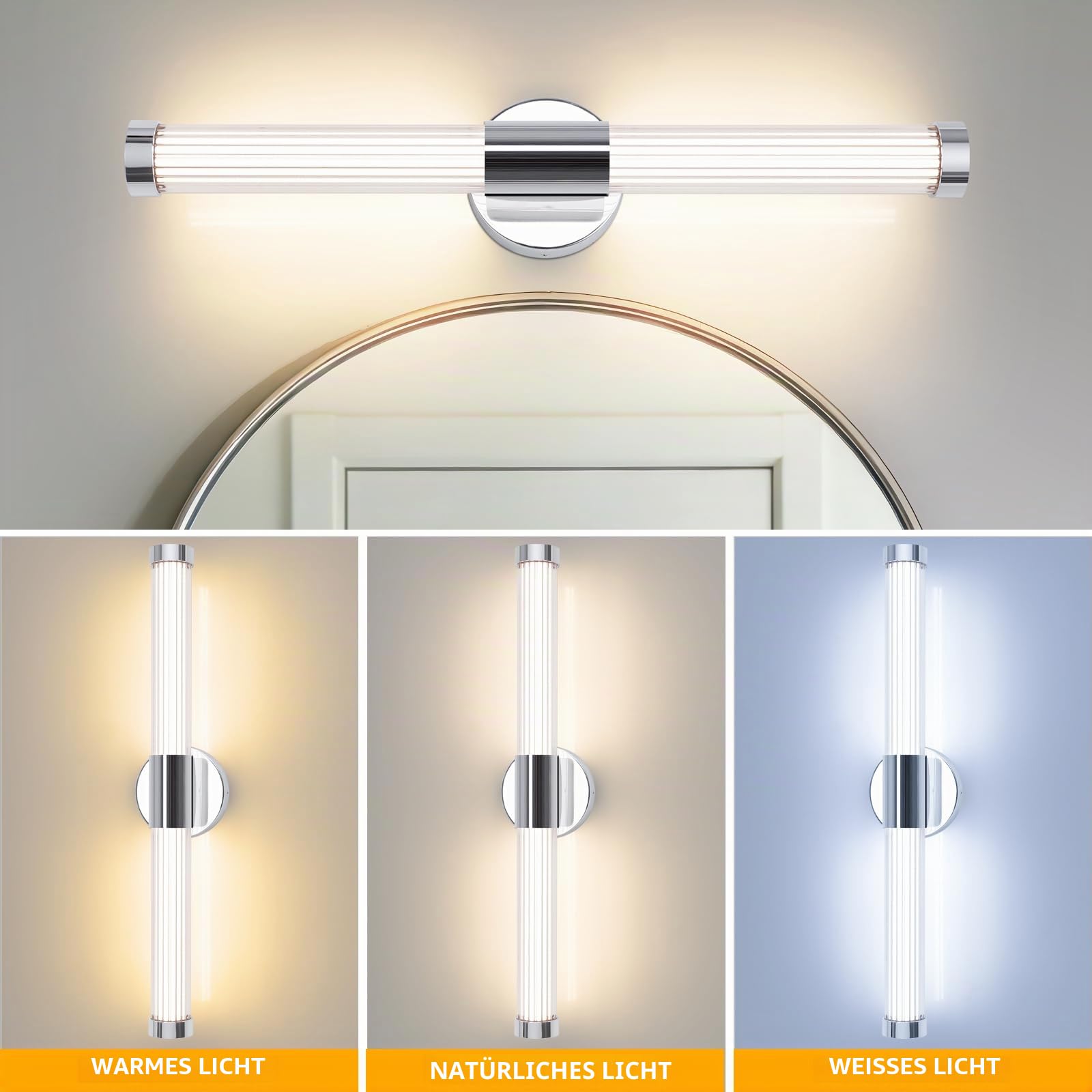 LED Spiegellampe Bad 3 Farbtemperaturen Wandleuchte Innen 12W | Acryl Bad Wandlampe Wandbeleuchtung 3000K/4500K/6000K Spiegel Beleuchtung Chrom für Wohnzimmer Schlafzimmer Treppen