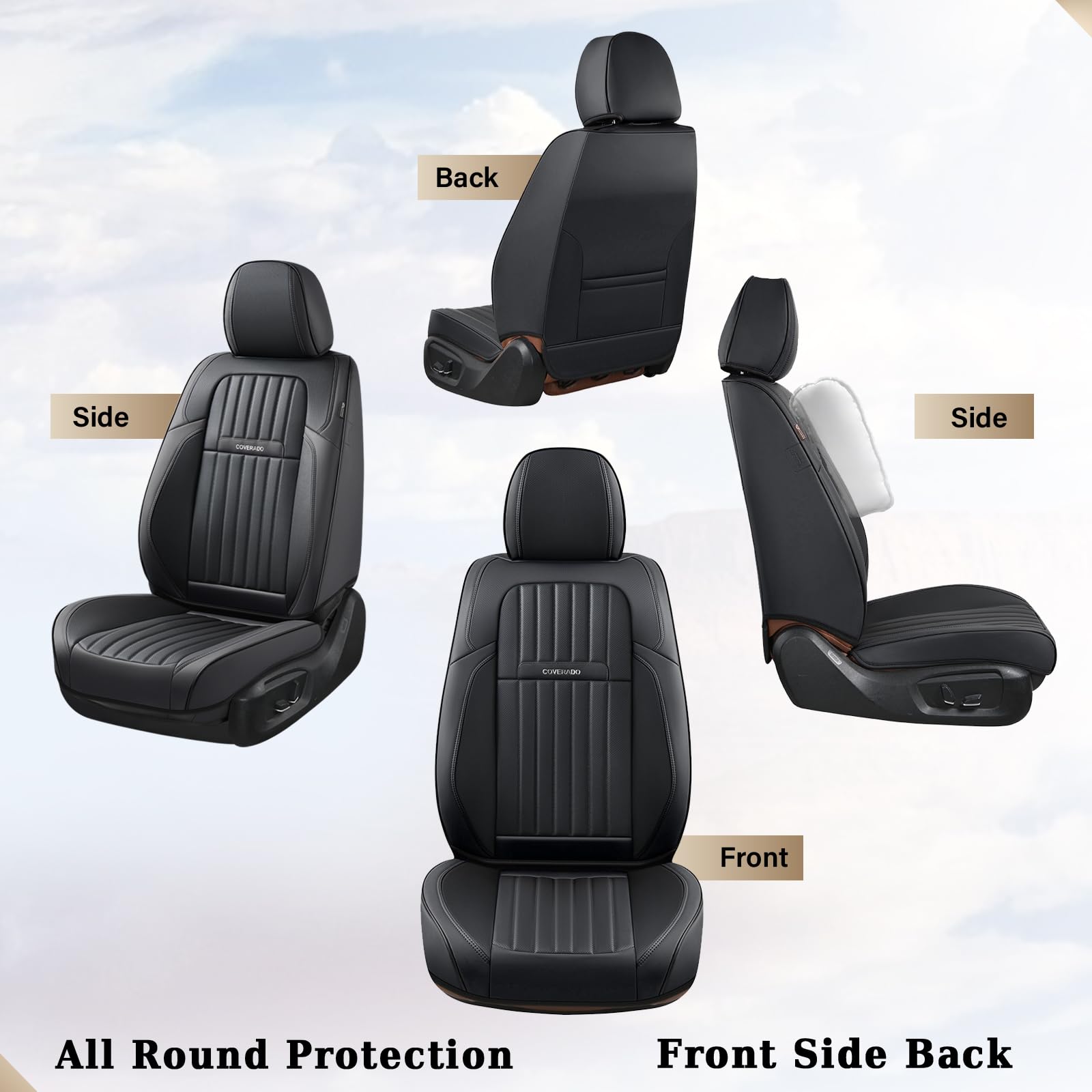 Coverado Sitzbezüge Vorne und Hinten 5 Stück Universal Autositzbezüge Set | Nappa Leder Kompatibel mit Den Meisten Limousinen SUV Pick-up Truck, Schwarz