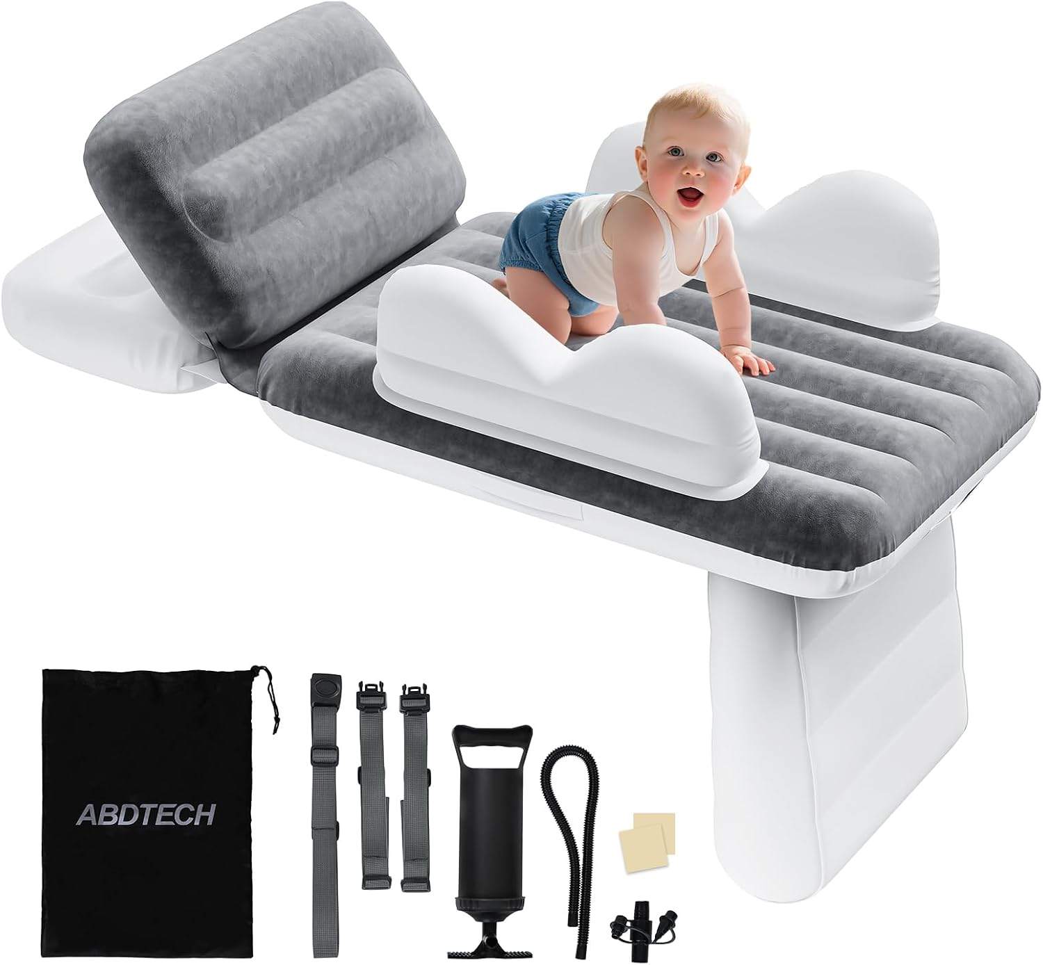 Abdtech Inflatable Toddler Airplane Bed: Safe & Soft – Portable Kids Travel Bed with Airplane Seat Extender for Kids – Blow up Mattress with Manual Pump,Seat Belt and Travel Bag (37Inch, Grey)
