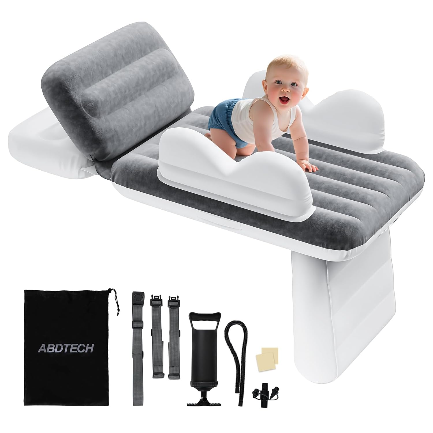 Inflatable Toddler Airplane Bed: Safe & Soft - Portable Kids Travel Bed with Airplane Seat Extender for Kids - Blow up Mattress with Manual Pump,Seat Belt and Travel Bag (37Inch, Grey)