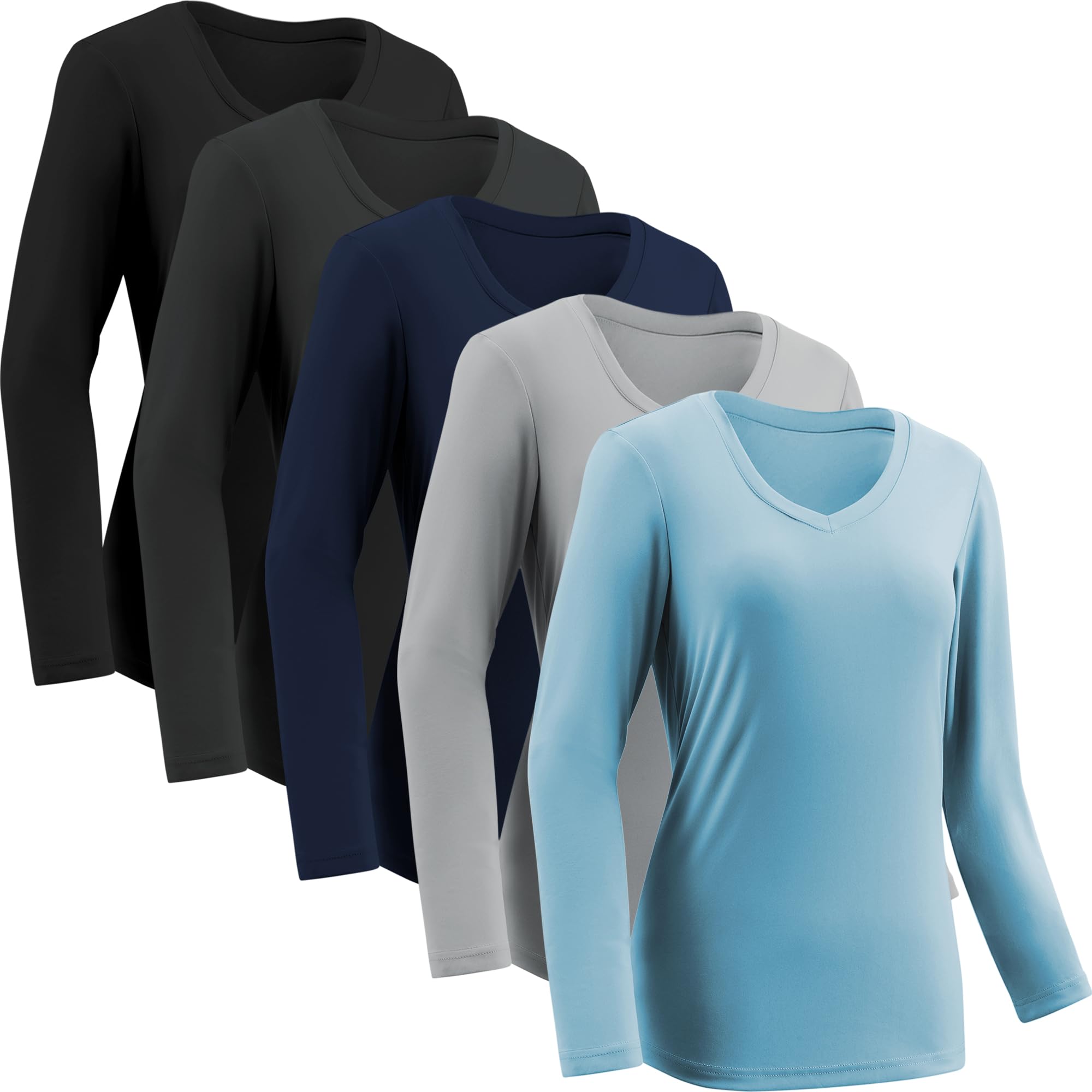 Camisetas de manga larga que absorben la humedad para mujer, de secado rápido, atléticas, para correr, camisetas de entrenamiento con cuello en V, Paquete de 5 negro, gris oscuro, gris claro, azul