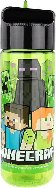 p:os 33171 - Butelka do picia dla dzieci, ok. 540 ml, przezroczysta konstrukcja z motywem Minecrafta i zintegrowaną składaną słomką, wykonana z tworzywa sztucznego, nie zawiera BPA i ftalanów